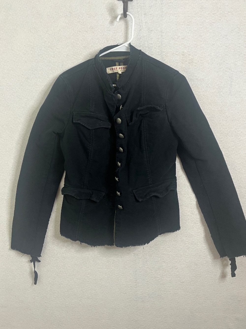 Free People Black Military Style Jacket Lace Up Sleeve Button Front Size Small